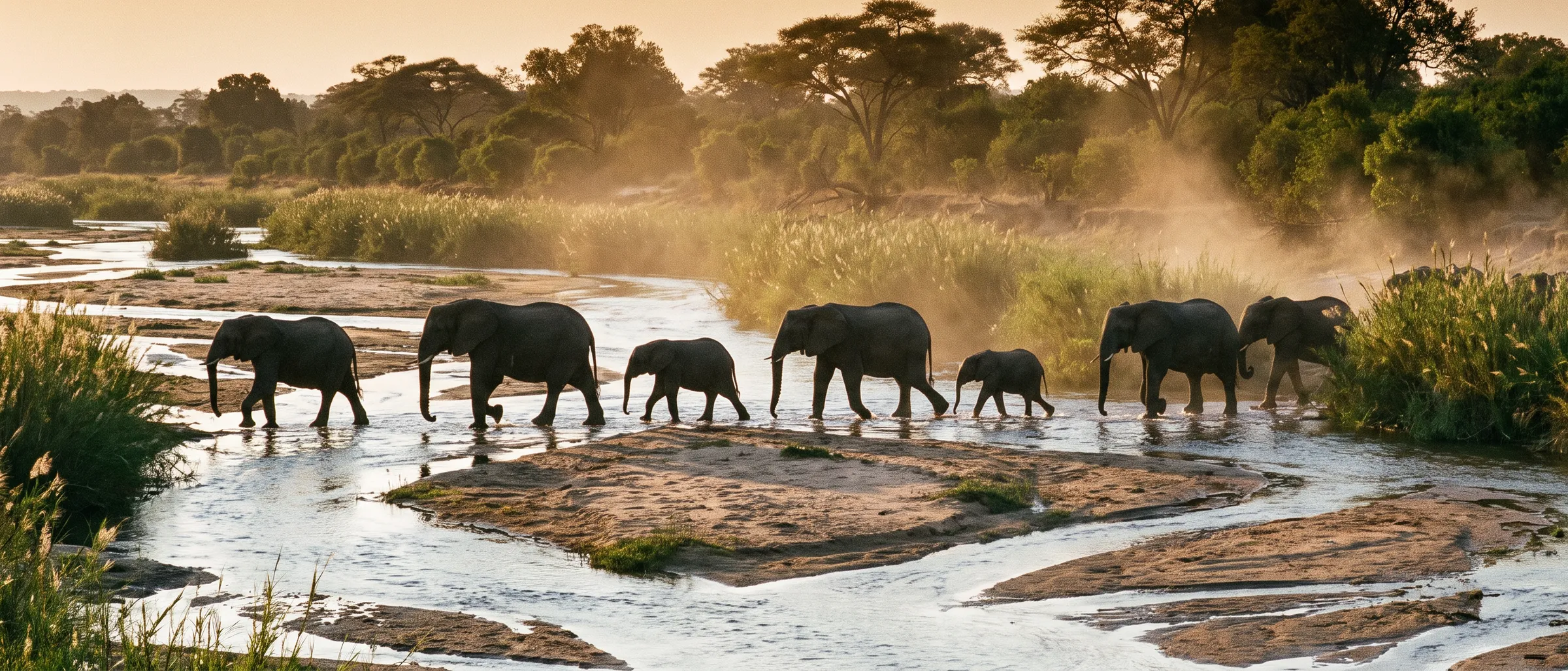 Elefantenfamilie quert einen flachen Fluss im Lowveld im Morgenlicht – Blick im Krüger-Nationalpark