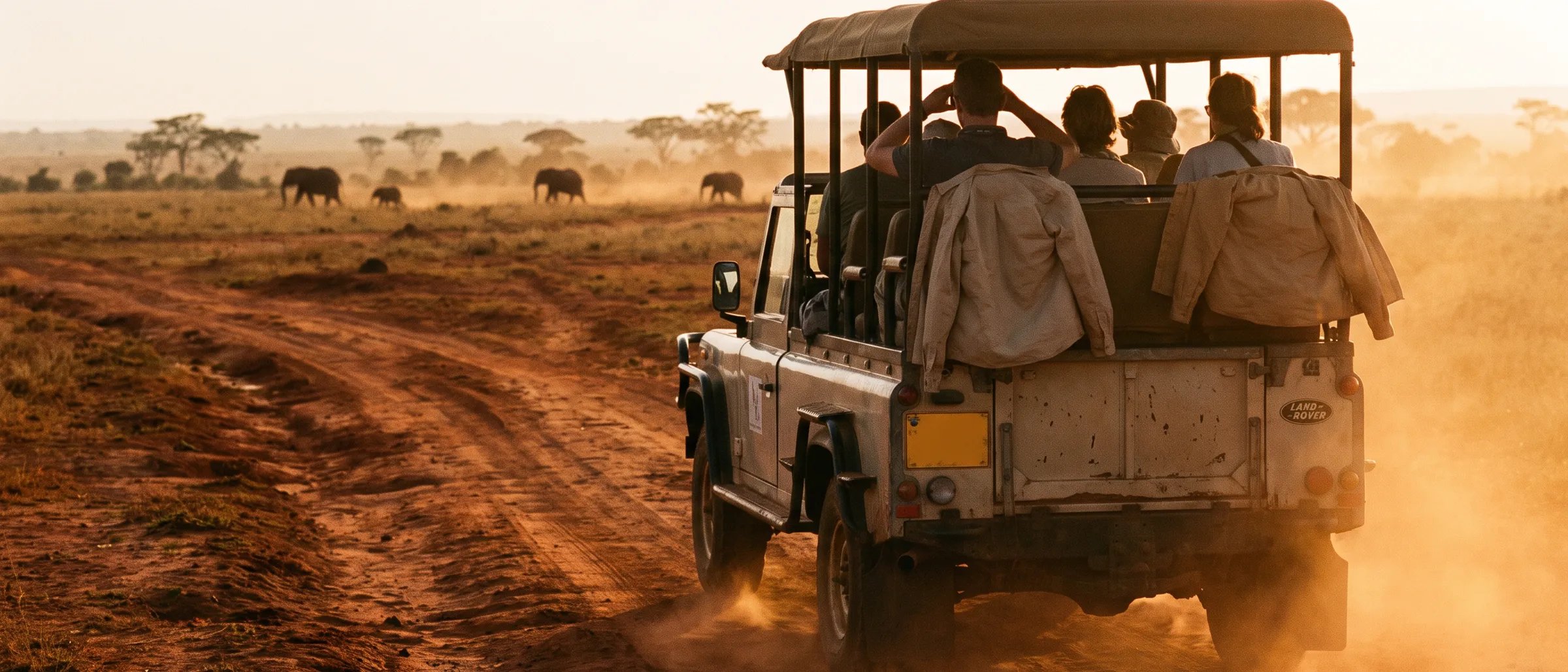 Rückfahrt im offenen Safariwagen auf roter Piste im Gegenlicht, Gäste ziehen die Jacke wieder an (KI-Symbolbild)