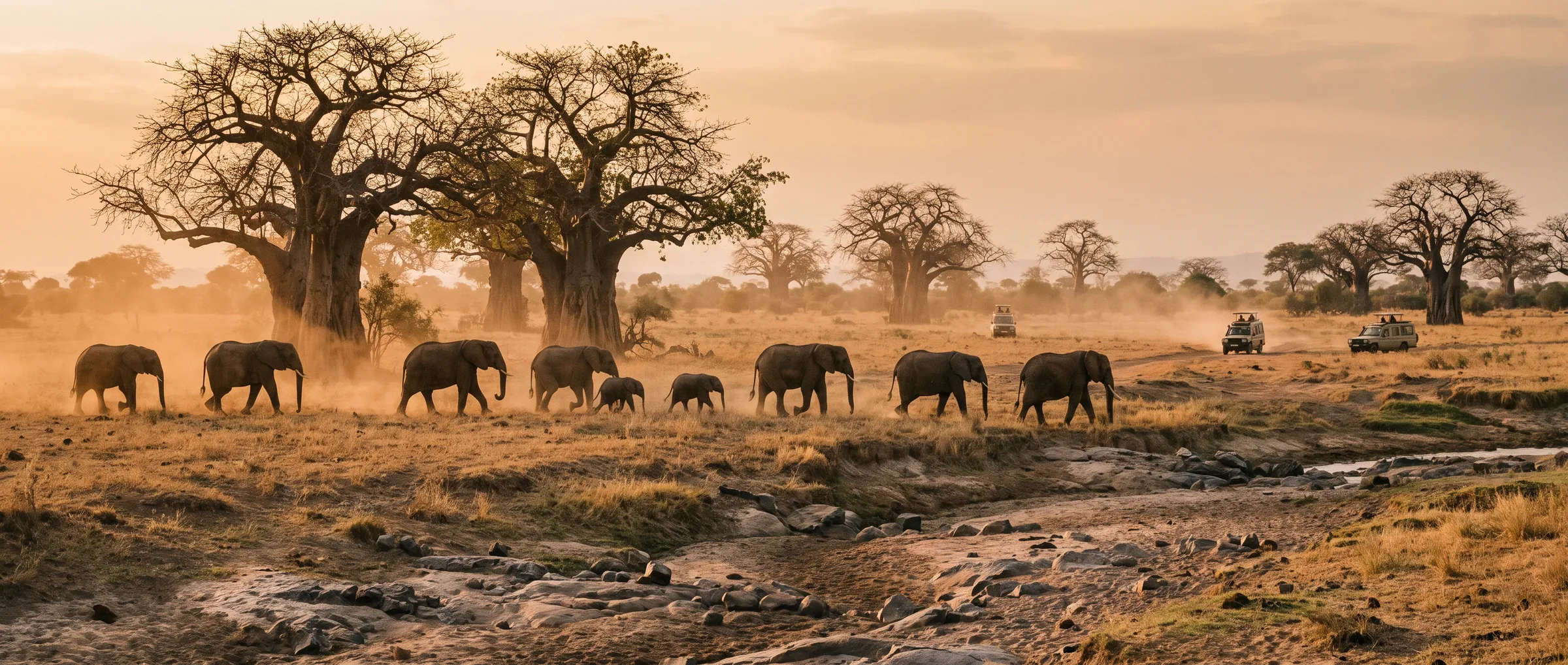 Elephant herd with calves beneath ancient baobabs in the dry season – view in Tarangire National Park