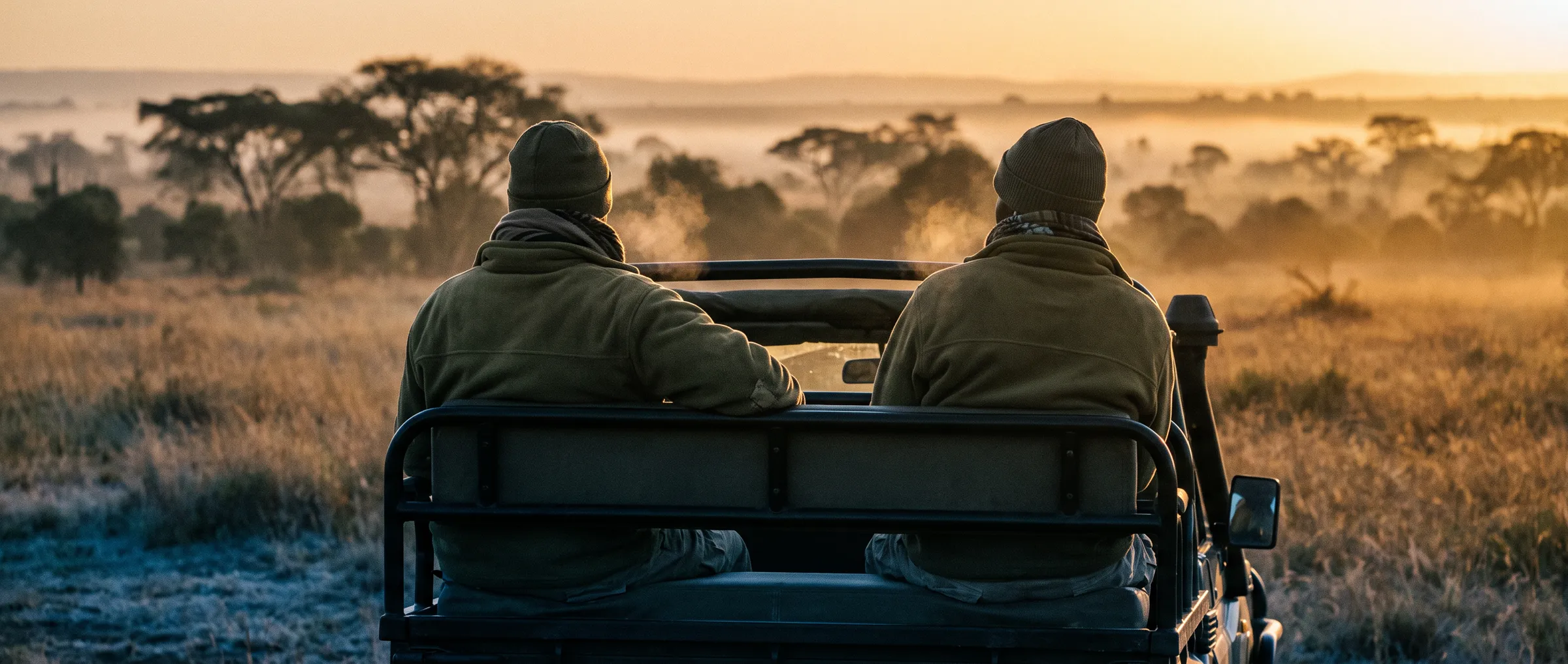 Guests in fleece jackets and beanies in an open 4x4 at sunrise over the savanna (AI-generated illustrative image)
