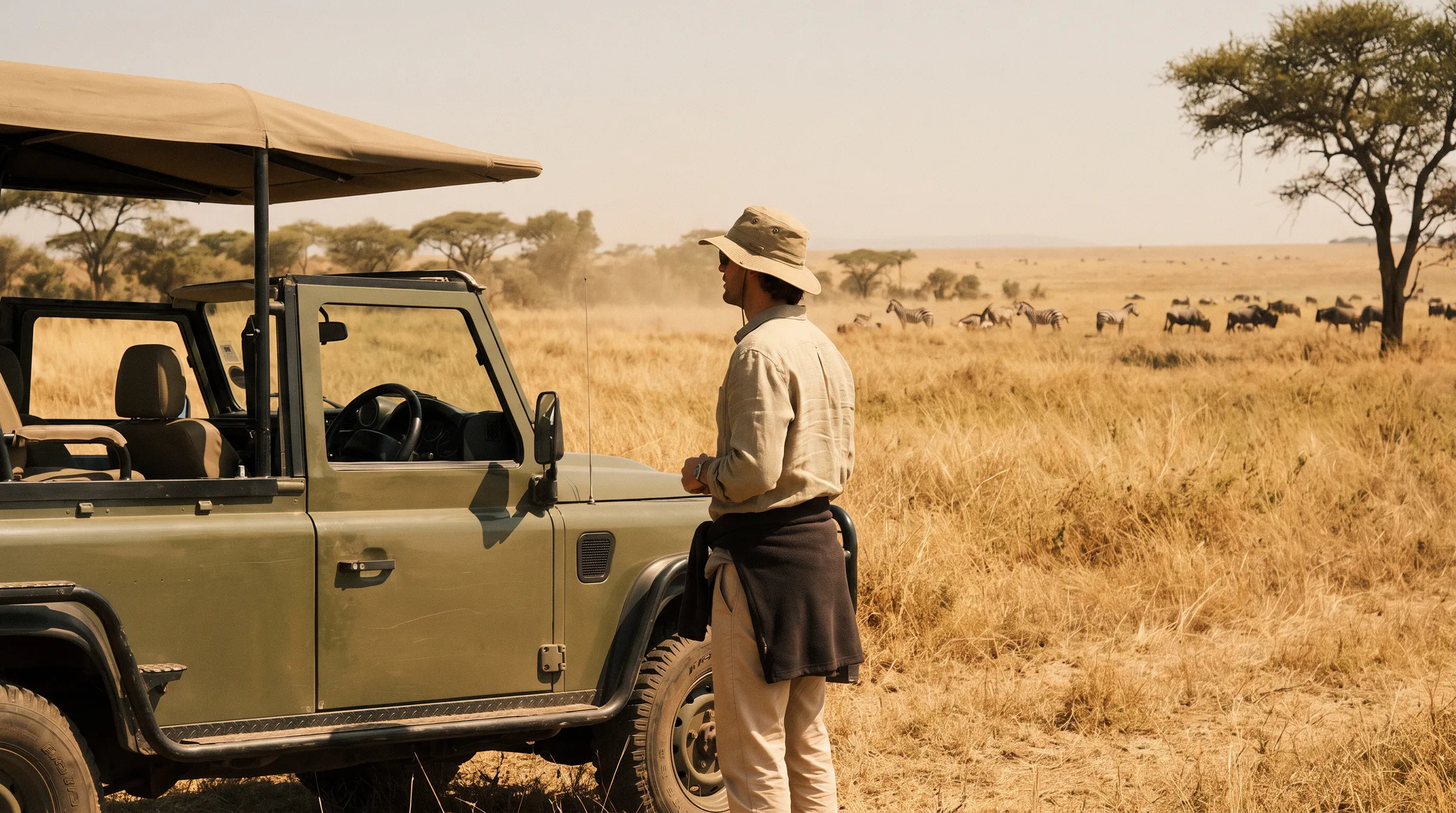Traveller in a loose long-sleeved shirt and wide-brimmed hat beside a safari vehicle in the midday heat (AI-generated illustrative image)